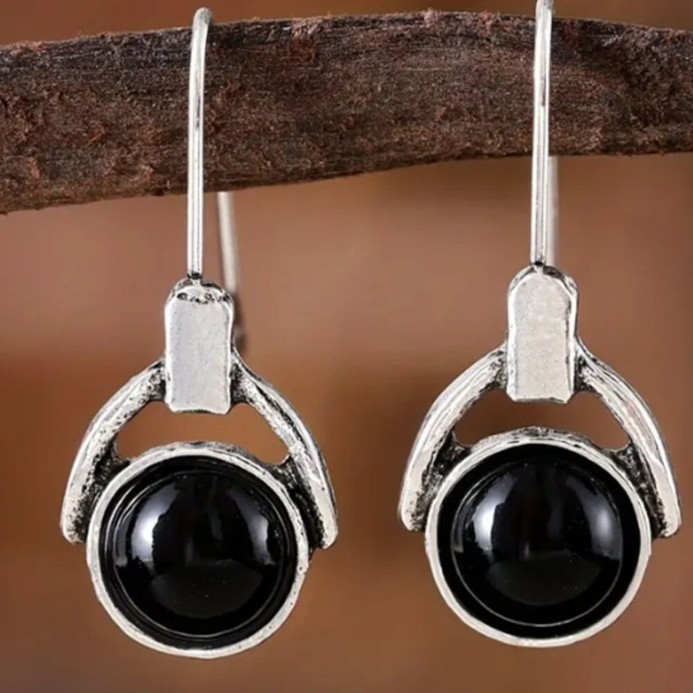 Bohemian Southwestern Style Simulated Black Stone Dangle Earrings